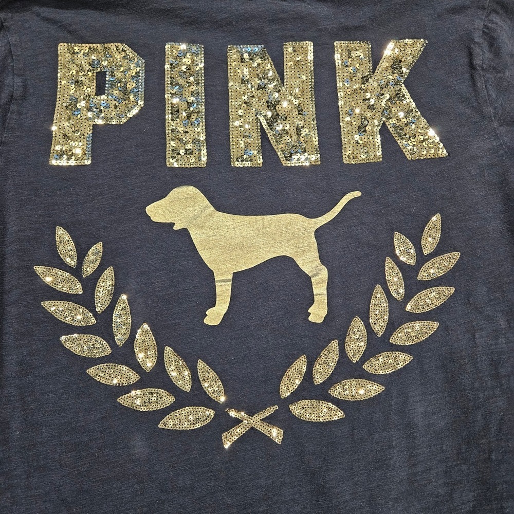 PINK Victoria's Secret Navy‎ Blue Sequin Logo Pocket T-Shirt Large Short Sleeve